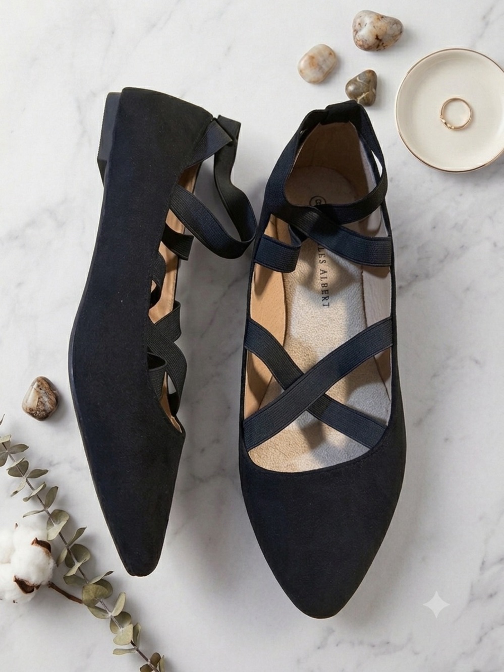 Charles Albert "Kay" Criss-Cross Strappy Ballet Flats with Vegan Suede